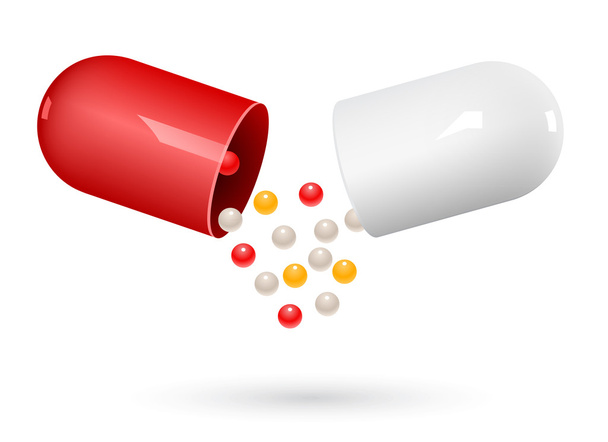 Red and white capsule pills on white. Vector Illustration - Vector, Image