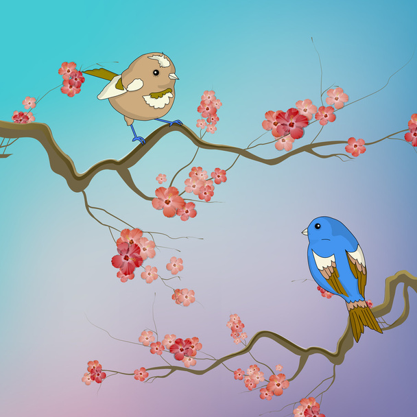 Birds sitting on branches with spring flowers - Vector, Image