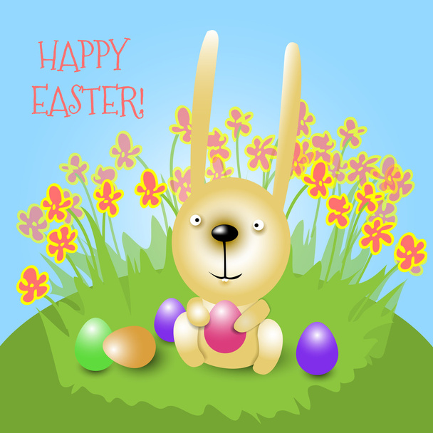 Пасхальный кролик держит розовое яйцо и улыбается
 - Вектор,изображение