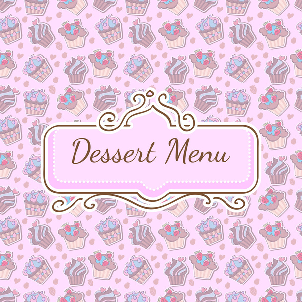 デザート メニューのデザイン別のカップケーキの多くとのシームレスなパターン - ベクター画像