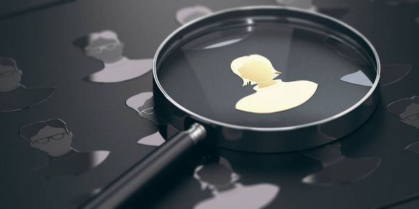 Black background with silhouettes of men and women with focus on a golden talent and a magnifying glass. Staffing concept. 3D illustration - Photo, Image