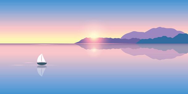 yksinäinen purjevene rauhallisella merellä auringonnousun aikaan
 - Vektori, kuva