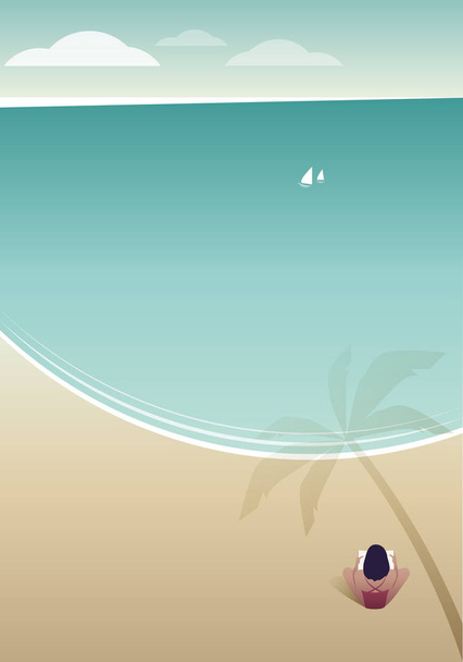 Kadın bir palmiye ağacının gölgesi altında yalnız bir plajda okuma. Yelkenli tekneler ve ufukta bulutlar - Vektör, Görsel