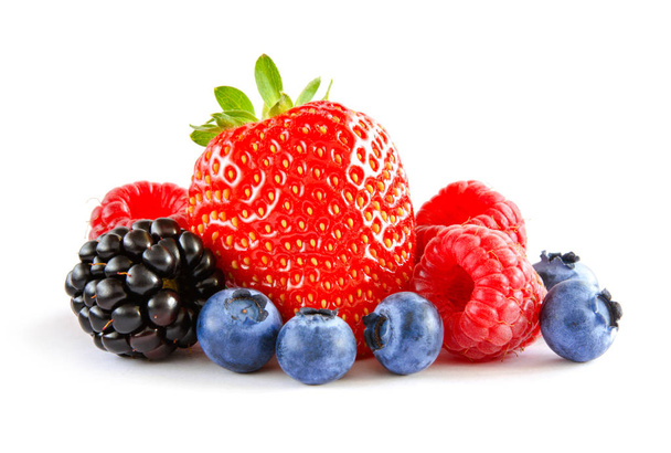 Fresh Sweet Berries Isolated on the White Background. Ripe Juicy Strawberry, Raspberry, Blueberry, Blackberry - Фото, изображение