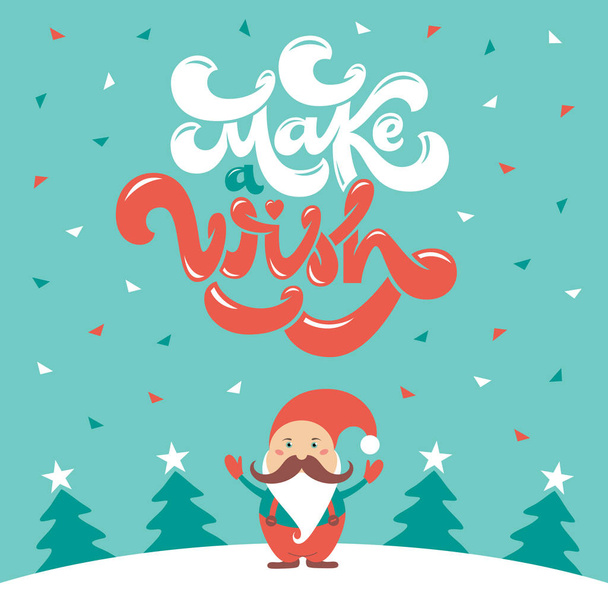 Make a wish Christmas Greeting card with Santa Claus and lettering composition. Perfect for prints or social media - Vector, imagen
