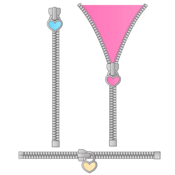 Cute vector set of zippers in the form of a small pink, blue, yellow heart. Suitable for birthday invitations in style lol doll surprise. Zipped and unzipped. Opened and closed - Vector, Image