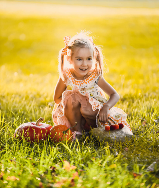 close-up retrato de uma menina bonita em um vestido bonito laranja romântico com em um parque de jardim de outono amarelo sorrindo dia ensolarado celebra Halloween com abóboras
 - Foto, Imagem