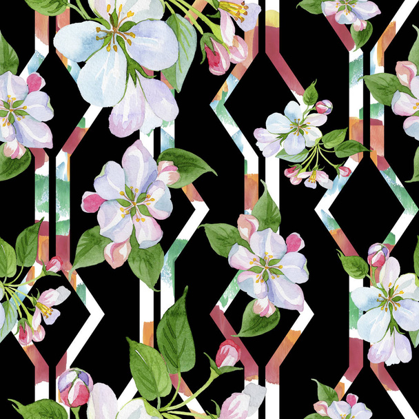 Watercolor apple blossom flower. Floral botanical flower. Seamless background pattern. - Фото, изображение