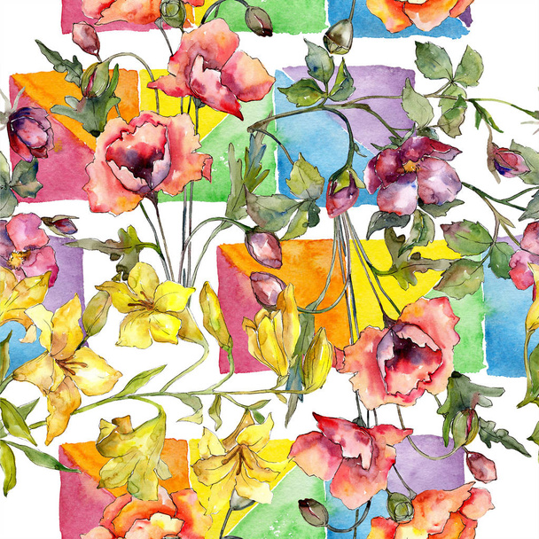 Watercolor colorful bouquet of poppies flower. Floral botanical flower. Seamless background pattern. - Foto, afbeelding
