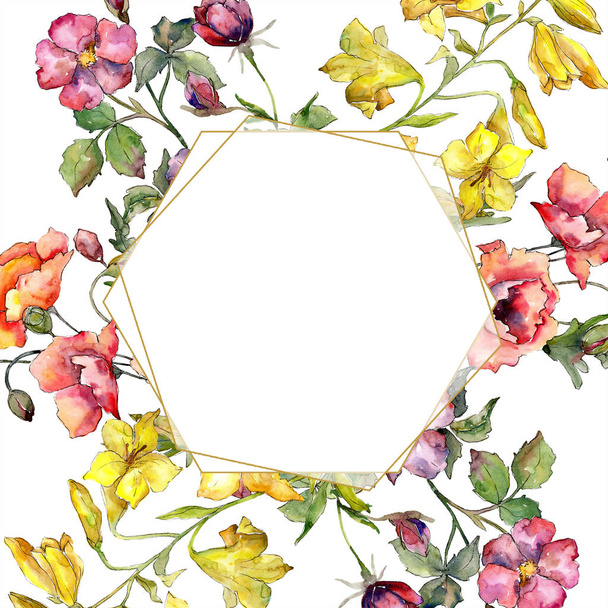 Aquarel kleurrijke boeket van papavers bloem. Floral botanische bloem. Frame grens ornament vierkant. - Foto, afbeelding
