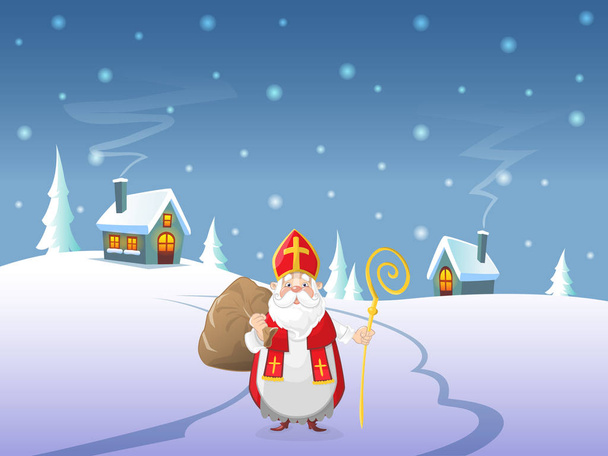 Святий Миколай підходить до села - зимовий пейзаж вночі - Вектор, зображення