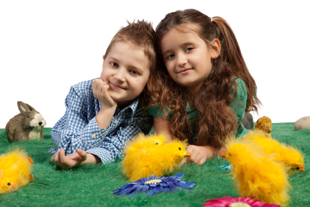Happy children with Easter chicks - Фото, изображение
