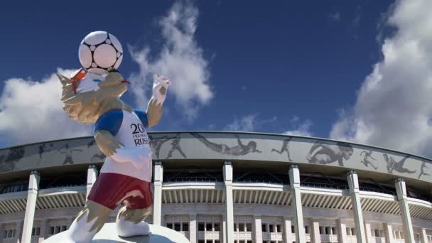 MOSCOW, RUSSIA  AUGUST 10, 2018: Official mascot of the 2018 FIFA World Cup in Russia-- wolf Zabivaka and Luzhniki Olympic Complex -- Stadium for the 2018 FIFA World Cup. Moscow - Filmmaterial, Video