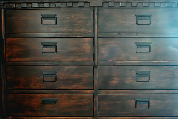 antique chest of drawers, wooden boxes with handles in vintage wooden furniture wardrobe - Foto, Imagem