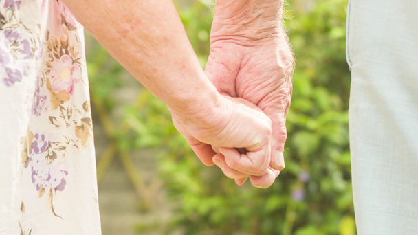 Низкий угол обзора любящей старшей белой пары, держащейся за руки в своем саду
 - Кадры, видео