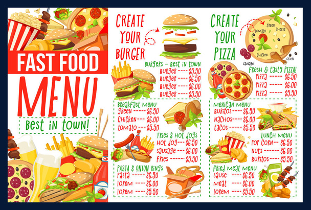 Fast food menu with burger and pizza ingredients - Vector, Image