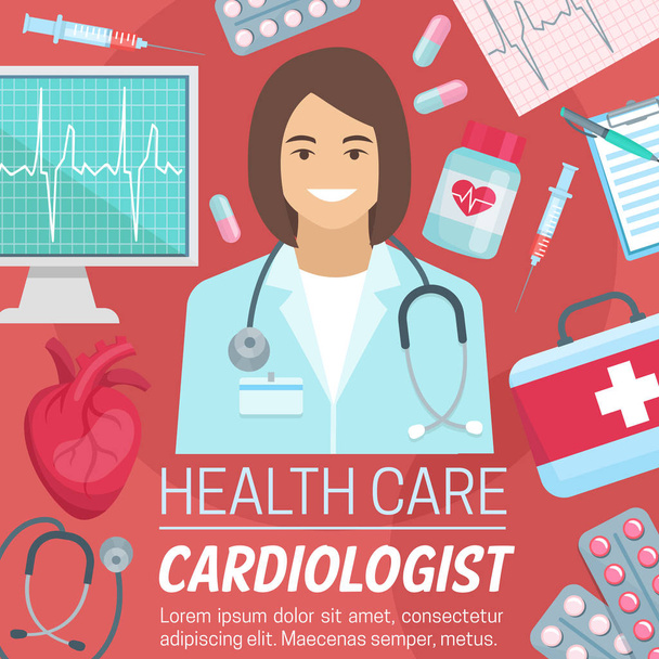 Cardioloog arts met hart en ecg - Vector, afbeelding