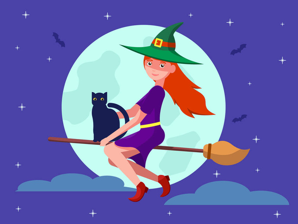 Witch on a broomstick with a black cat - Вектор,изображение
