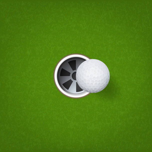 Golf topu ve golf delik yeşil çim zemin üzerine. Vektör çizim. - Vektör, Görsel