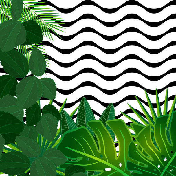 Tropical leaves background with geometric elements, vector floral patterns fashion trend. - Vektor, obrázek