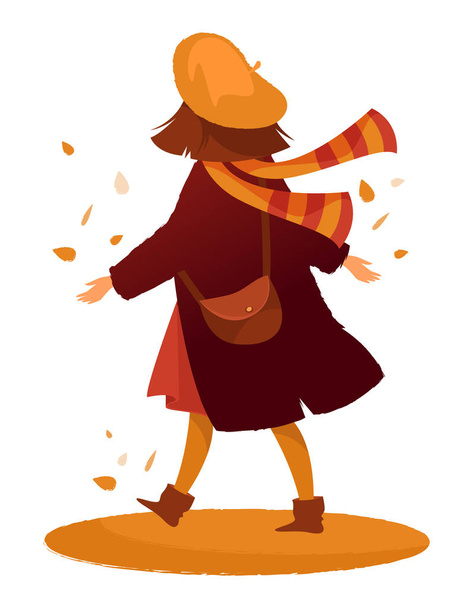 Красочная векторная иллюстрация персонажа мультяшной женщины в осенней одежде, гуляющей в окружении осенних листьев
 - Вектор,изображение