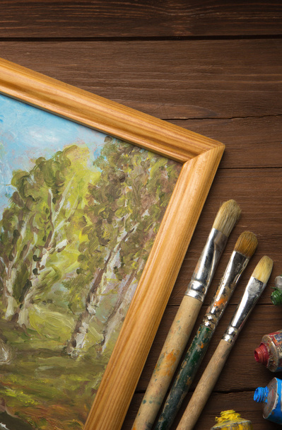 brush and painting on wood - Foto, Bild