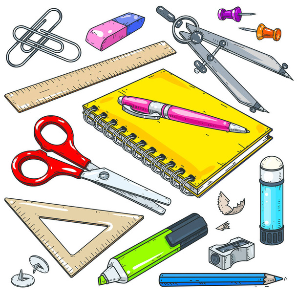 Papelería vectorial para escuela y estudiante, cuaderno con pluma, rotulador y tijeras
 - Vector, imagen