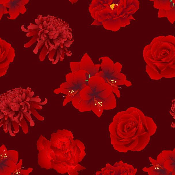 Red Rose, Chrysanthemum, Carnation, Peony and Amaryllis Flower Background. Seamless Vector Illustration. - Vektör, Görsel