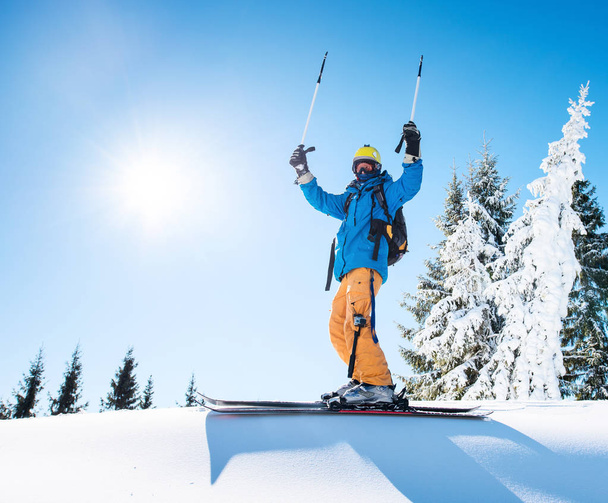 Профессиональный фрирайд лыжник держа лыжные палки поднимая руки в воздухе на вершине горы достижения лидерства празднование победы счастье позитивности жестом езды стиль жизни экстремальный
. - Фото, изображение