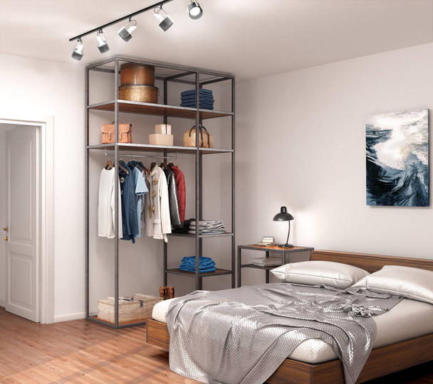modern room with an open metal cupboard, a bed and a lamp near the wall. 3d rendering - 写真・画像