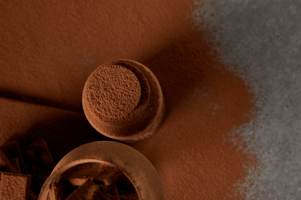 美味しいティラミスにココア パウダー、チョコレートの部分の平面図 - 写真・画像