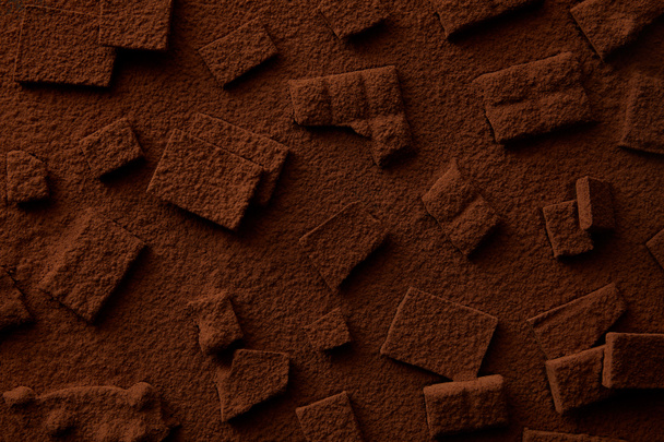 κάτοψη του νόστιμα κομμάτια σοκολάτας και κακάο σε σκόνη   - Φωτογραφία, εικόνα