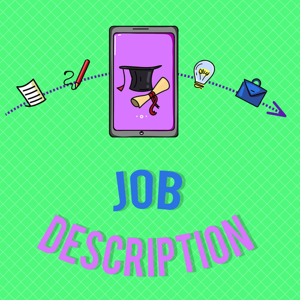 Text sign showing Job Description. Conceptual photo A document that describes the responsibilities of a position - Photo, Image