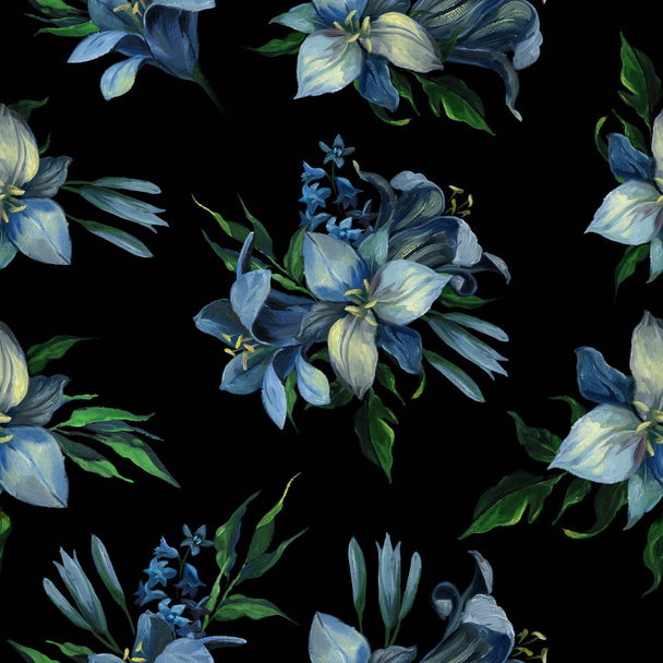 Масляний або пастельний малюнок. Безшовний візерунок з синіх різних квітів і листя на темно-синьому фоні для вітальних та весільних листівок. Квіти малювання в старому стилі
 - Фото, зображення