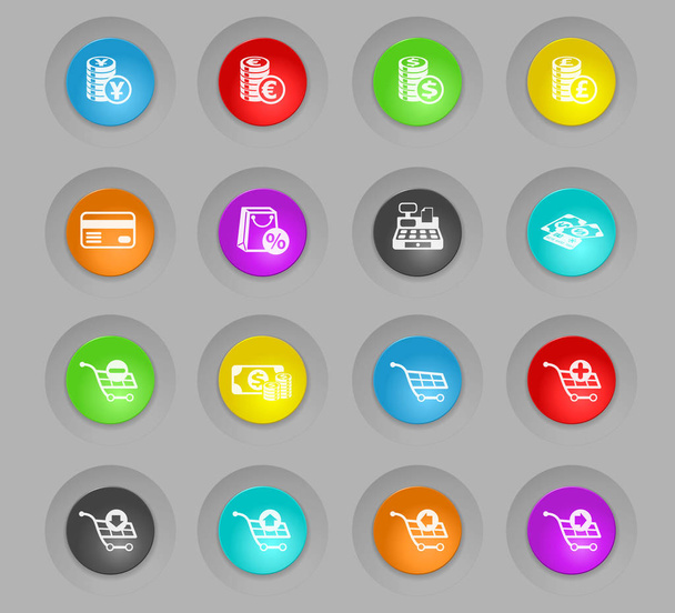 e-kereskedelem, műanyag színes kerek gomb ikon készlet - Vektor, kép