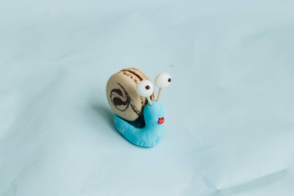 décoration créative escargot avec délicieux macaron bleu sur table bleue
 - Photo, image