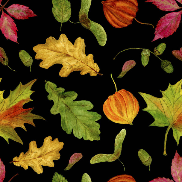 Seamless raster pattern with watercolor autumn leaves on a black background.  Watercolour illustrations hand painted. For your fabric design, wrapping paper, web design, etc. - 写真・画像