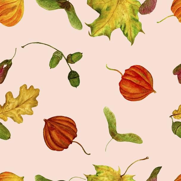 Pattern with autumn leaves on a white background. Perfect for fabrics, wrapping paper, etc. Watercolour illustrations hand painted. - Photo, image