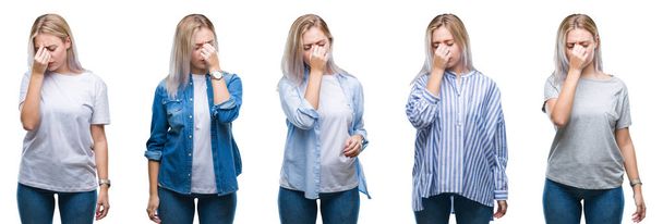 Collage of beautiful blonde young woman over isolated background tired rubbing nose and eyes feeling fatigue and headache. Stress and frustration concept. - Photo, Image