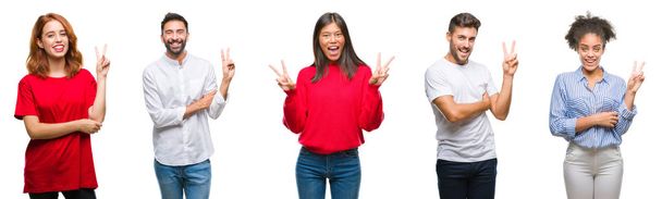Collage von Gruppen chinesischer, indischer, hispanischer Menschen vor isoliertem Hintergrund, die lächelnd mit glücklichem Gesicht in die Kamera zwinkern und Siegeszeichen setzen. Nummer zwei. - Foto, Bild