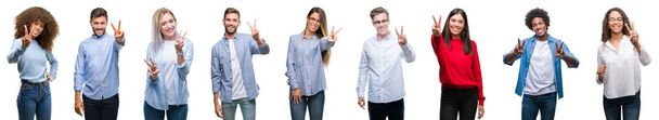 Composition of african american, hispanic and caucasian group of people over isolated white background smiling looking to the camera showing fingers doing victory sign. Number two. - Photo, Image