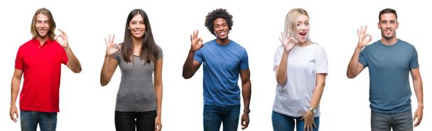 Composition of african american, hispanic and caucasian group of people over isolated white background smiling positive doing ok sign with hand and fingers. Successful expression. - Photo, Image