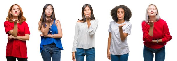 Collage van groep prachtige Chinese, Aziatische, Afrikaanse Amerikaanse, blanke vrouwen over geïsoleerde achtergrond kijken naar de camera een kus met hand blazen op lucht wordt mooi en sexy. Hou van expressie. - Foto, afbeelding