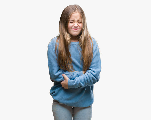 Young beautiful girl wearing winter sweater over isolated background with hand on stomach because indigestion, painful illness feeling unwell. Ache concept. - Zdjęcie, obraz