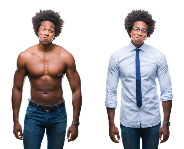 Collage eines Afroamerikaners ohne Hemd und eines Geschäftsmannes vor isoliertem Hintergrund, der mit lustigem Gesicht die Wangen aufbläst. Mund mit Luft aufgeblasen, verrückter Ausdruck. - Foto, Bild