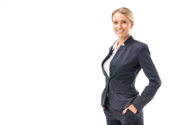 beautiful young businesswoman in suit looking at camera isolated on white - Photo, Image