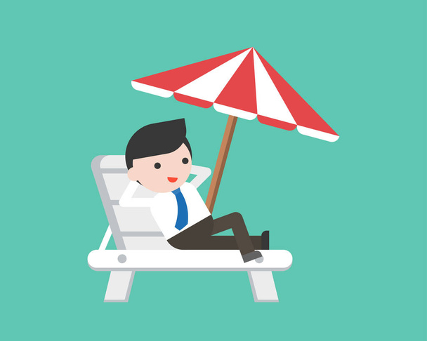 Podnikatel na dovolené na pláži židli s deštníkem, plochý design, vektorové ilustrace - Vektor, obrázek