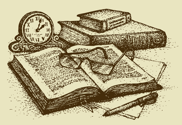 vektorové zátiší. staré knihy, papír, tužku a hodiny - Vektor, obrázek