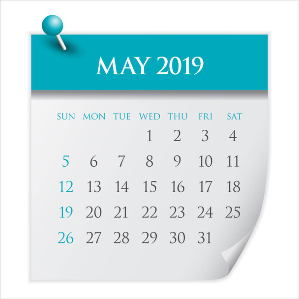 Toukokuu 2019 kuukausittainen kalenteri vektori kuva, yksinkertainen ja puhdas muotoilu
.  - Vektori, kuva