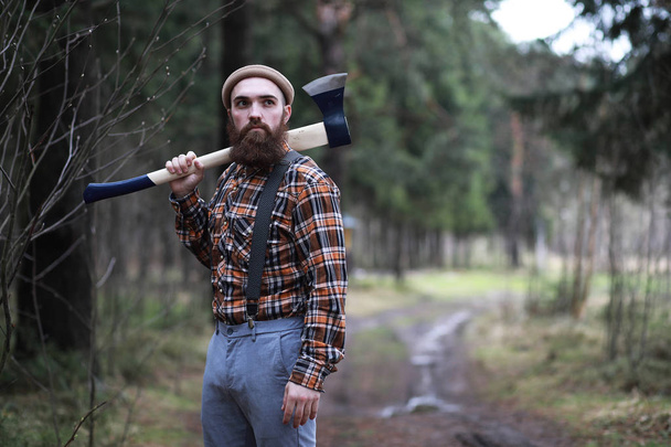 Um lenhador barbudo com um machado grande examina a árvore antes de cair
 - Foto, Imagem